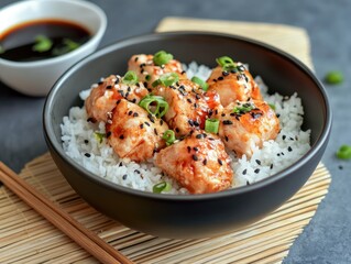 Delicious teriyaki chicken with white rice and a bowl of sauce ready to be served