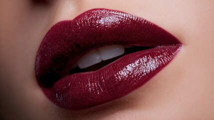 Close-up of a person's mouth with dark red, glossy lipstick. White teeth are visible. The focus is on the lips, creating a striking aesthetic