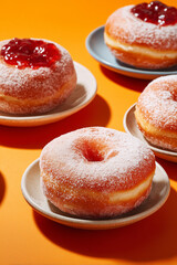 Traditional sweet donuts with powdered sugar and jam. Fat Thursday or Hanukkah celebration. freshly baked jelly donuts stack 