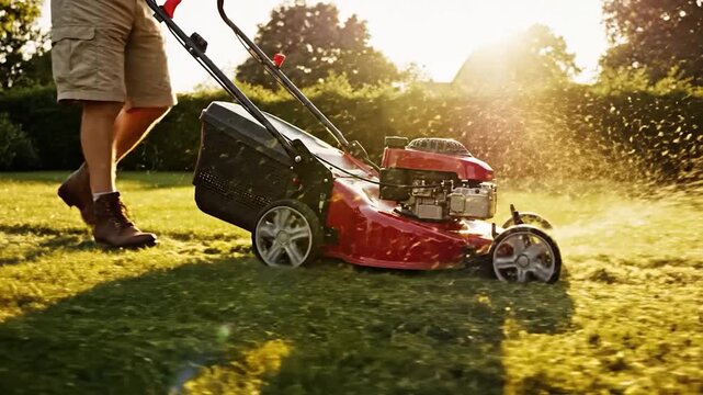 Man mowing green grass lawn with red lawnmower in golden sunlight