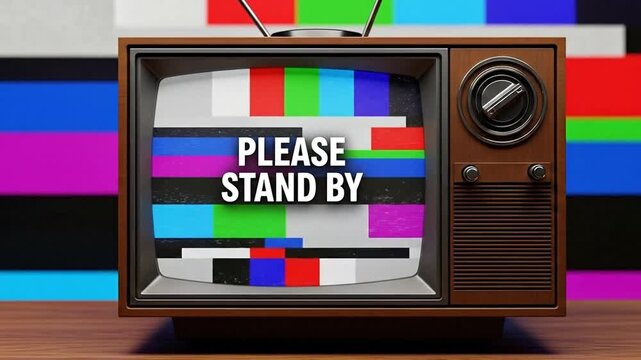 Retro Television Display: A vintage television set displaying a classic Please Stand By test pattern, evoking a sense of nostalgia for a bygone era of broadcast