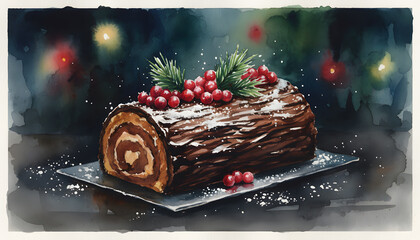 Traditional chocolate Yule log cake with festive garnish
