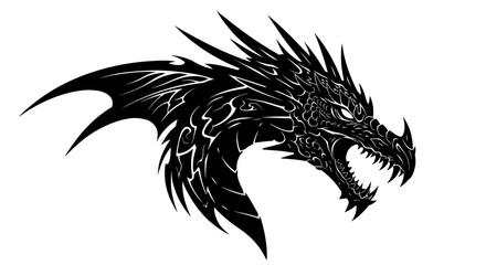 Fototapeta premium A detailed vector illustration showcases a fearsome dragon's head, rendered in striking black and white, against a clean, bright white background, emphasizing its sharp features.