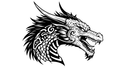 Obraz premium A powerful and intricately detailed mythical dragon head is depicted in a striking black and white vector illustration, showcasing its fierce expression and majestic scales.