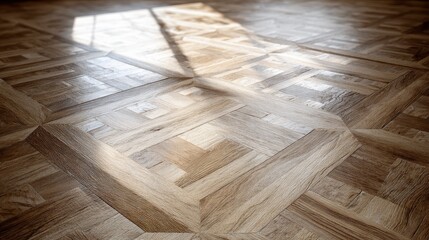 Close-up of a polished wooden floor with intricate geometric patterns, bathed in soft sunlight creating shadows