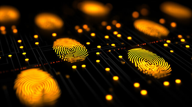 A glowing digital fingerprint pattern illustrating biometric identification systems, data verification and advanced cybersecurity authentication concepts.
