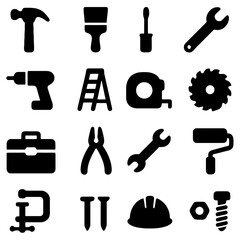 Fototapeta premium Tool Icons: A collection of various tools, represented as simple black and white icons, conveying a sense of construction, repair, and industry.
