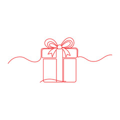 Christmas gift box red line art vector; Festive holiday present symbol; Simple creative concept
