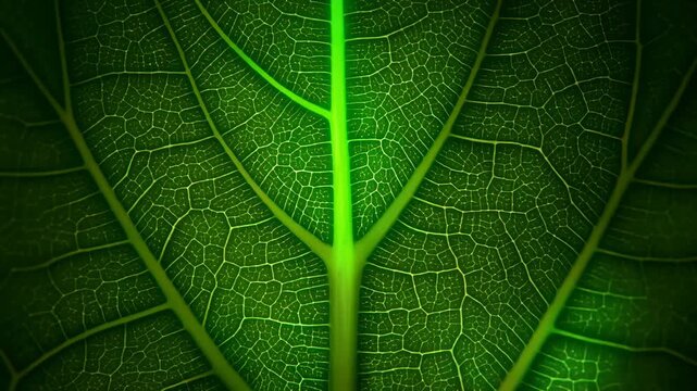 Macro close-up of a vibrant green leaf showing intricate vein patterns and detailed texture glowing with natural light, representing life and growth