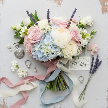 wedding bouquet flat lay with soft pastel flowers