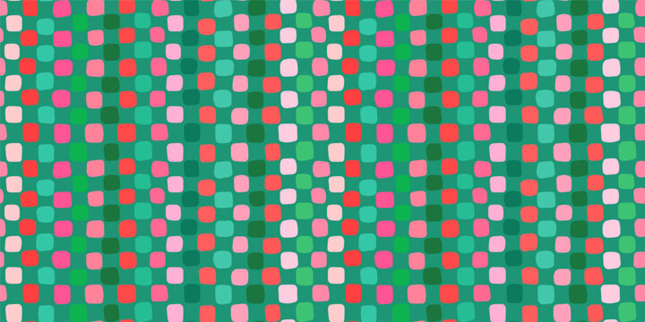 Red, green and pink hand painted uneven squares vector seamless pattern, Cute Christmas background