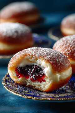 Traditional sweet donuts with powdered sugar and jam. Fat Thursday or Hanukkah celebration. freshly baked jelly donuts stack 