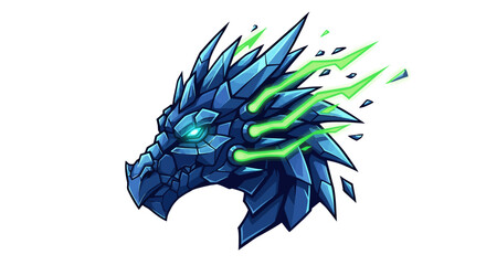 Fototapeta premium A powerful blue crystal dragon head with glowing green energy emanating from its eyes and neck, depicted as a dynamic vector illustration on white.