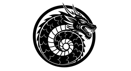 Intricate vector illustration of a coiled, stylized dragon emblem, showcasing detailed scales and a fierce expression, perfect for branding and design applications.