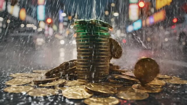 Rain falling and splashing on a stack of gold coins on a wet city street, symbolizing financial challenges and economic instability.