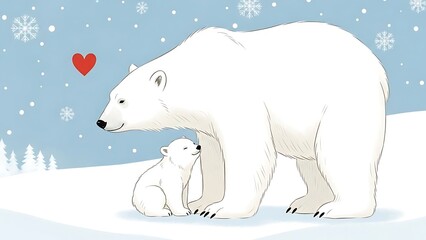 Naklejka premium Heartwarming illustration of a loving polar bear mother and her cub in a serene, snowy arctic landscape, celebrating family bonds and winter joy