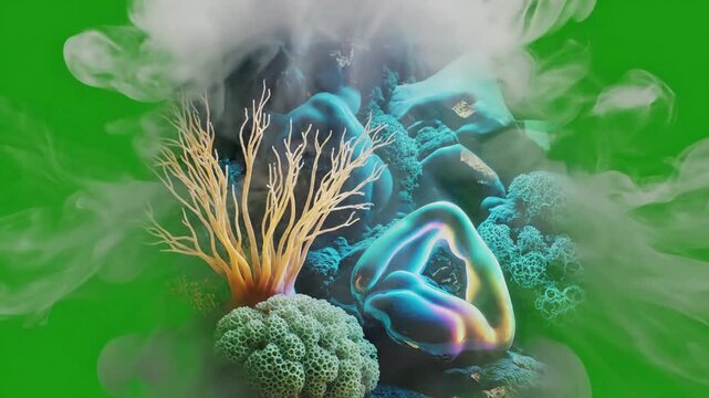Fog rolls in, revealing mystical mountain peaks with abstract fog patterns, revealing a effect ad_ready green screen subtle fog style