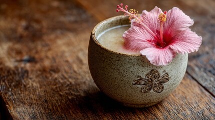Close-up of a rustic ceramic cup filled with a light-colored beverage, adorned with a vibrant pink hibiscus bloom on a wooden surface