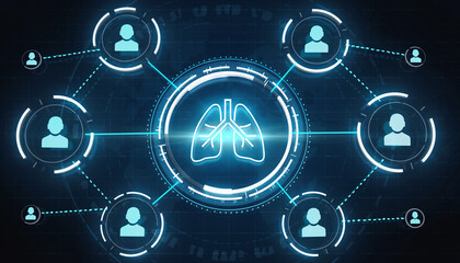 Connected Health: A futuristic depiction showcases human lungs at the center, linked with network connections illustrating the concept of respiratory health and its intricate links.
