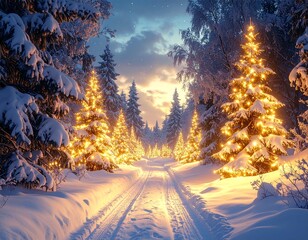 Camino nevado rodeado de &aacute;rboles de Navidad cubiertos de nieve y decorados con luces c&aacute;lidas, creando un paisaje invernal m&aacute;gico al anochecer en medio del bosque.