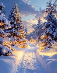 Camino nevado rodeado de &aacute;rboles de Navidad cubiertos de nieve y decorados con luces c&aacute;lidas, creando un paisaje invernal m&aacute;gico al anochecer en medio del bosque.