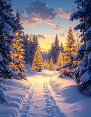 Camino nevado rodeado de &aacute;rboles de Navidad cubiertos de nieve y decorados con luces c&aacute;lidas, creando un paisaje invernal m&aacute;gico al anochecer en medio del bosque.