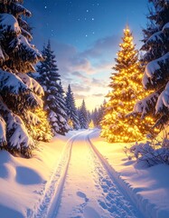 Camino nevado rodeado de &aacute;rboles de Navidad cubiertos de nieve y decorados con luces c&aacute;lidas, creando un paisaje invernal m&aacute;gico al anochecer en medio del bosque.