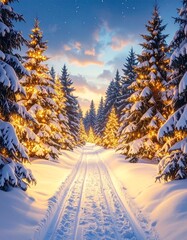 Camino nevado rodeado de &aacute;rboles de Navidad cubiertos de nieve y decorados con luces c&aacute;lidas, creando un paisaje invernal m&aacute;gico al anochecer en medio del bosque.