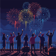 People Celebrating with Fireworks Display at Night.