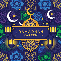 Ramadhan Kareem Celebration with Crescent Moons and Lanterns.