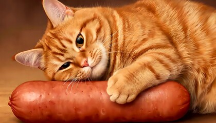 A red-haired cat hugs a sausage