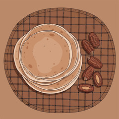Stack of Chapati Flatbreads with Dates on a Checked Mat.