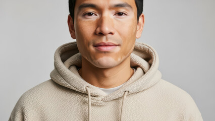 Calm young man with vitiligo wearing beige hoodie looking at camera against neutral background, confident mixed skin tone face closeup showing natural depigmentation