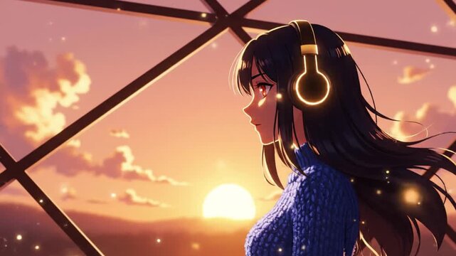 Anime woman in blue sweater wearing glowing headphones looking out window at sunset