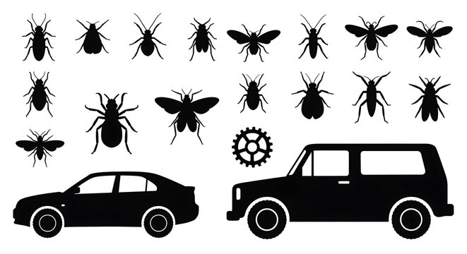 Collection of Insect Silhouettes and Vehicle Icons.