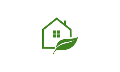 Green house with leaf logo representing eco-friendly living.
