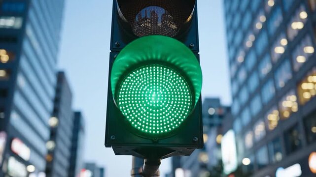 Modern led traffic light glowing green in urban city street