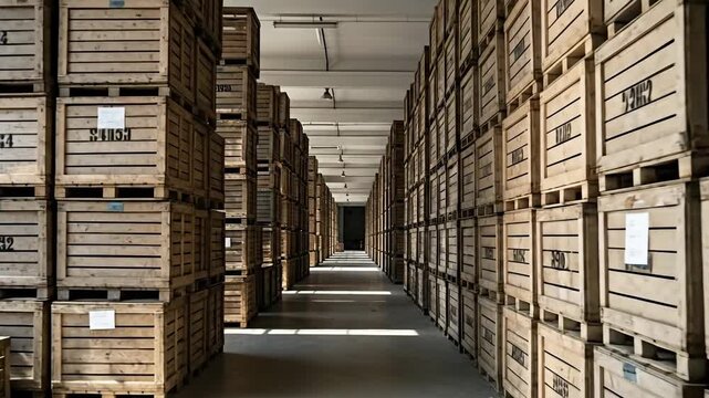 A long corridor lined with organized wooden crates in a modern warehouse.
