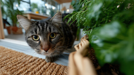 A striking tabby cat looking curiously at lush indoor greenery, reflecting the playful and inquisitive nature of felines in a warm, inviting home environment.