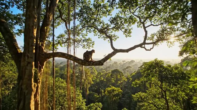 Mother monkey and baby monkey resting on tree branch in tropical forest sunlight