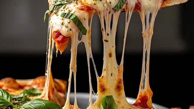 A mouth-watering slice of pizza with melting cheese and fresh basil.