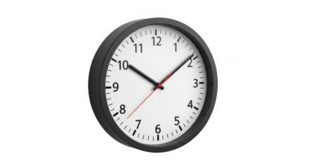 Analog clock with black frame and white face showing time, isolated on transparent background