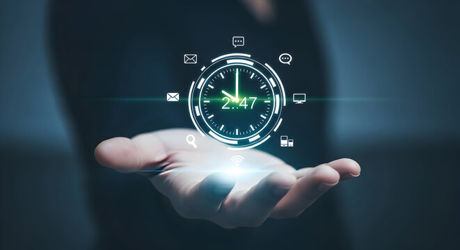 Businessman presenting digital clock with app icons on hand - Powered by Adobe