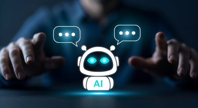 Person interacting with AI chatbot on dark background - Powered by Adobe