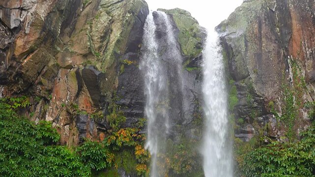 Vertical panoramic view of the Salto da farinha waterfall, S&atilde;o Miguel Island, Azores archipelago.