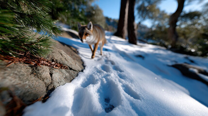 Obraz premium A fox gracefully walks over a snow-covered terrain, leaving its footprints behind. The scene is a celebration of winter beauty and wildlife elegance in action.