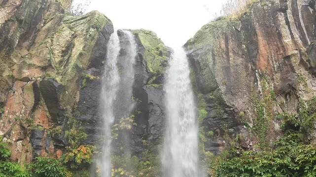 Vertical panoramic view of the Salto da farinha waterfall, S&atilde;o Miguel Island, Azores archipelago.
