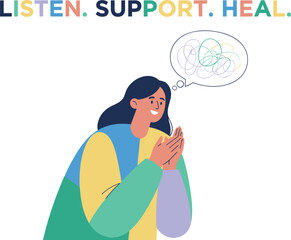 Woman with tangled thoughts in speech bubble, Listen Support Heal text