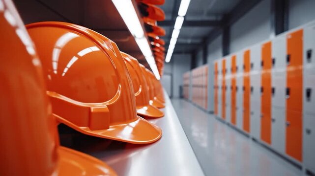 Orange safety helmets lined in industrial locker room