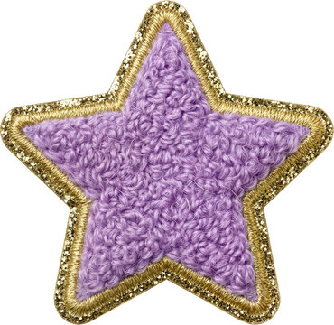 Purple chenille star patch with gold glitter trim isolated on white background